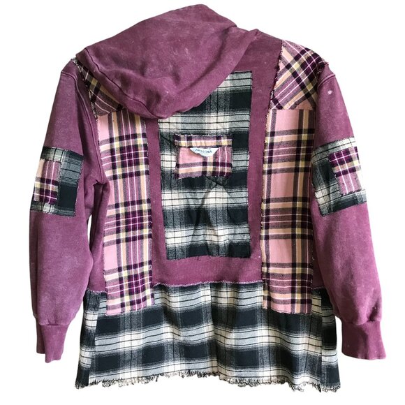 Upcycled Patchwork Hoodie, S-M: Distressed Magenta Grunge Sweater, Campus Style - Picture 1 of 16